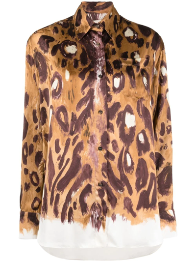 Marni Wild Bunch Print Satin Long Shirt In Brown