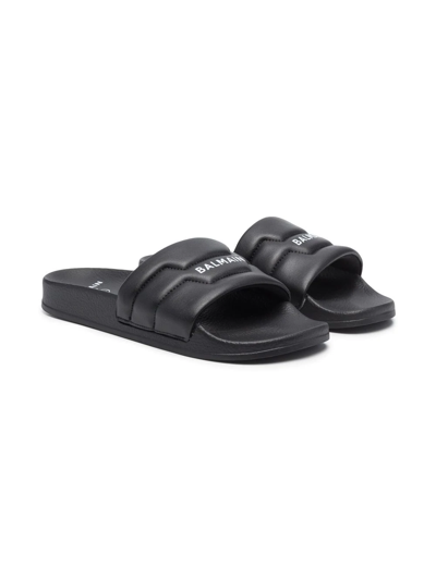 Shop Balmain Padded Logo-print Slides In Black