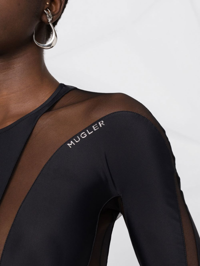 Shop Mugler Logo-plaque Sheer Panelled Bodysuit In Black