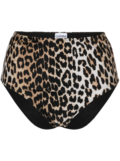 Shop Ganni Leopard-print High-waisted Bikini-bottoms In Black