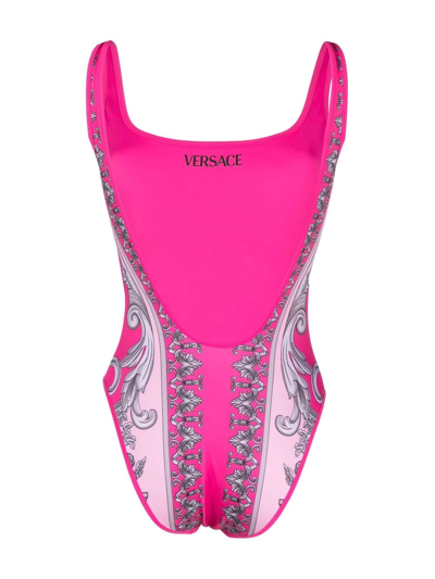 Versace Barocco Print Jersey One Piece Swimsuit In Pink