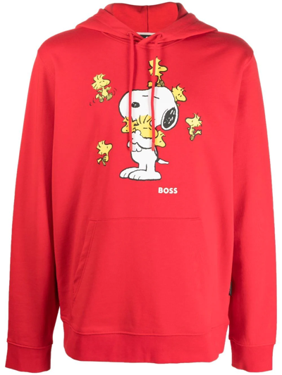 Shop Hugo Boss Snoopy-print Cotton Hoodie In Red