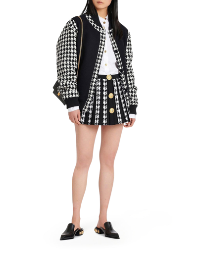 Shop Balmain Houndstooth Pleated Knit Mini Skirt In Black