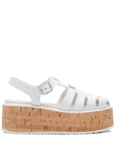 Shop Prada Platform Wedge Sandals In White