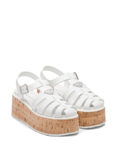 Shop Prada Platform Wedge Sandals In White