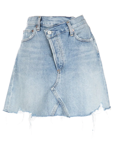 Shop Agolde Asymmetric Distressed Denim Mini Skirt In Blau