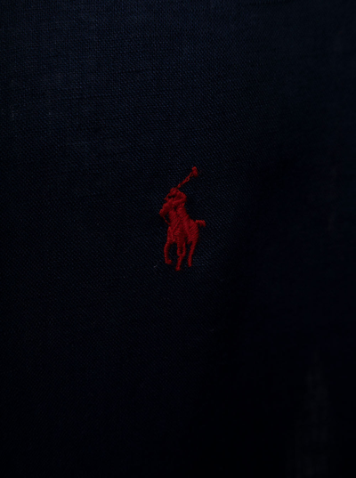 Shop Polo Ralph Lauren Mans Blue Linen Shirt With Logo