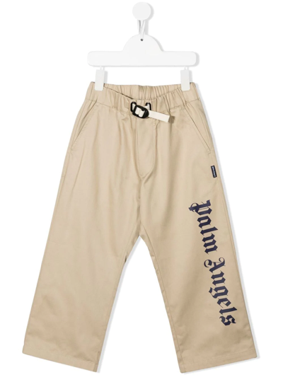 Shop Palm Angels Logo-print Straight-leg Trousers In Neutrals