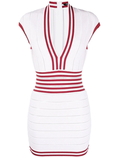 Shop Balmain Ribbed-knit Bodycon Dress In White