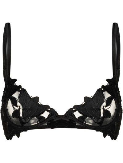 Shop Fleur Du Mal Lily Embroidered Plunge Demi-bra In Black