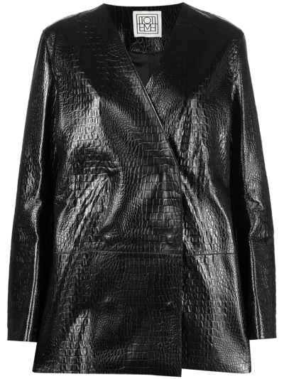 Shop Totême Crocodile-effect Double-breasted Jacket In Black