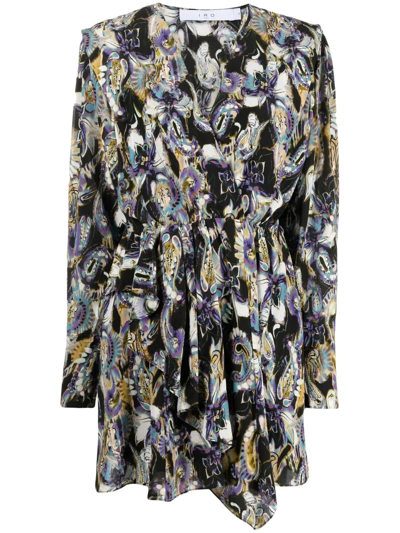 Iro Damie Printed Mini Wrap Dress With Long Balloon Sleeves In Black