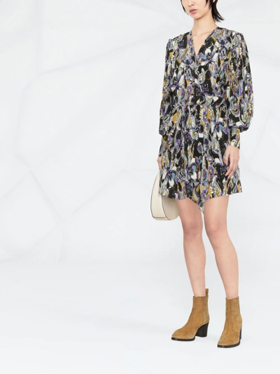 Iro Damie Printed Mini Wrap Dress With Long Balloon Sleeves In Black
