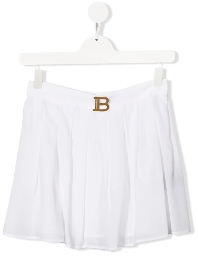 Shop Balmain Teen Logo-plaque Pleated Silk Skirt In White