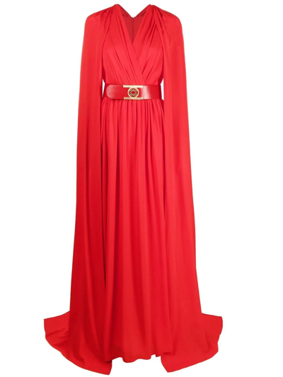 Shop Elie Saab Belted Cape-effect Silk Gown In Red