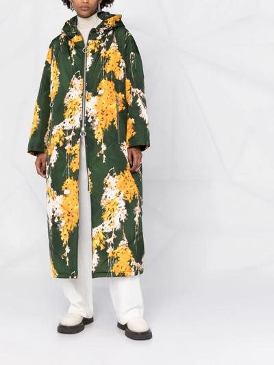Shop Del Core Floral-print Hooded Coat In Green