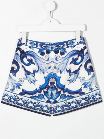 Dolce & Gabbana Majolica-print High-waisted Shorts In Blue