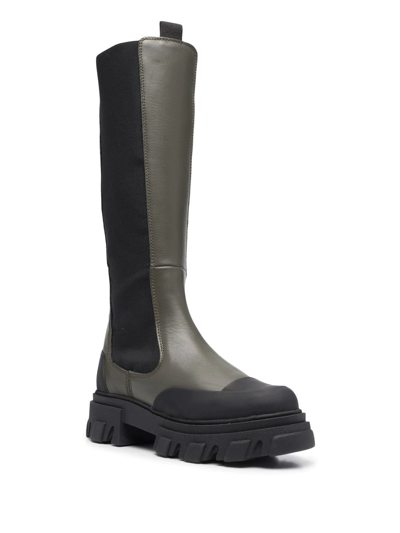 Shop Ganni Knee-high Chunky Leather Chelsea Boots In Green