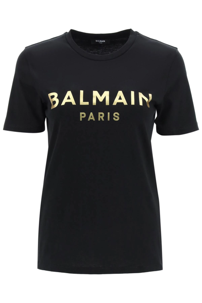 Shop Balmain Eco-design T-shirt With Golden Logo In Black,gold