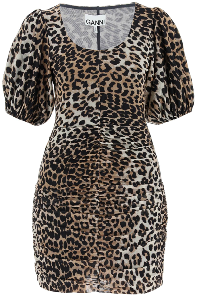 Shop Ganni Leopard Mesh Mini Dress In Brown,black
