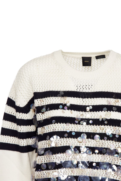Shop Pinko Sequined Cotton Mesh Sweater In Ivory