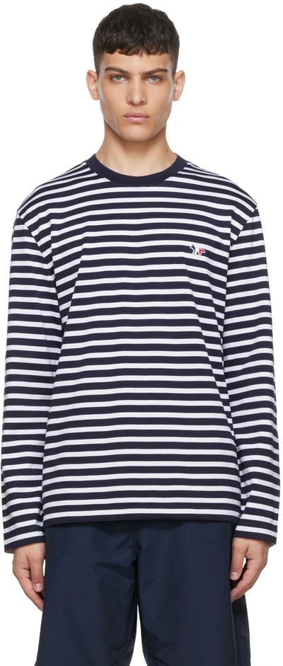 Shop Maison Kitsuné White & Navy Tricolor Fox Long Sleeve T-shirt In S480 Navy Stripes