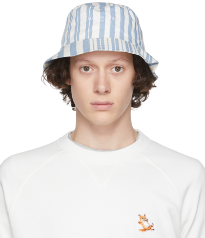 Shop Maison Kitsuné Blue & White Stripe Logo Bucket Hat In S422 Sky Blue Stripe