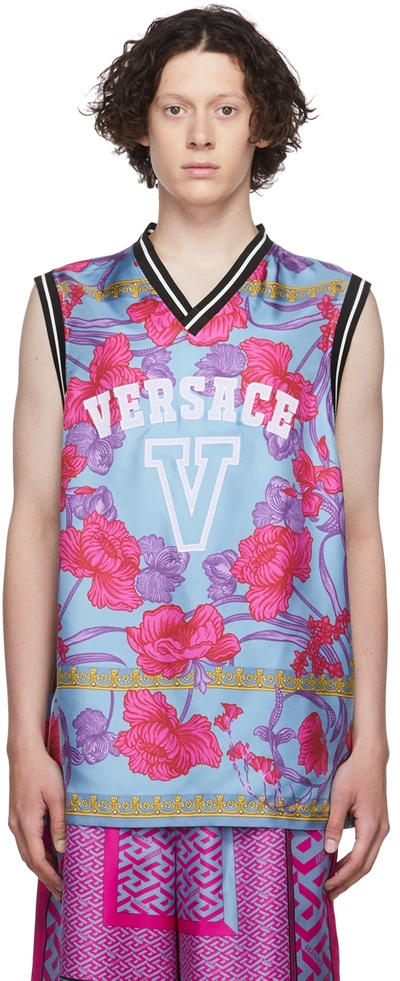 Shop Versace Blue Silk T-shirt In 5v250 Pink/blue