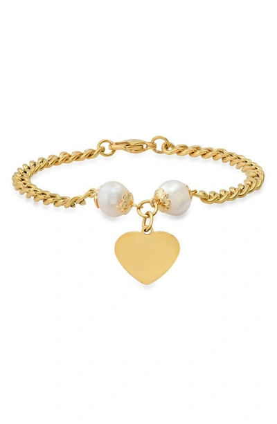 Shop Hmy Jewelry 18k Gold Plated Stainless Steel 10mm Pearl Heart Charm Bracelet In Yellow