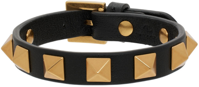 Shop Valentino Black Leather Rockstud Bracelet In 0no Nero