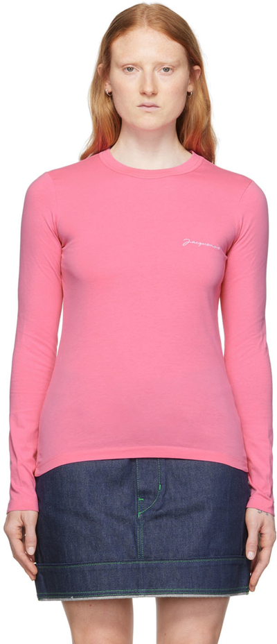 Shop Jacquemus Pink 'le T-shirt Brodé Manches Longues' T-shirt In 450 Dark Pink