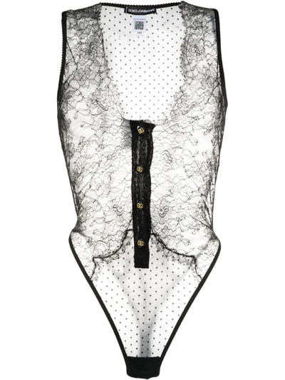 Shop Dolce & Gabbana Plunging Sheer Lace Bodysuit In Black