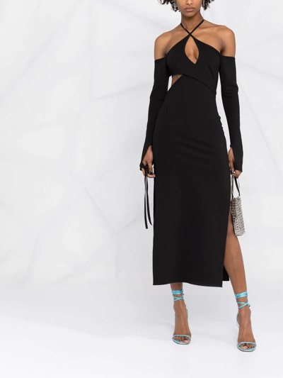 Shop Attico Cold-shoulder Halterneck Asymmetric Gown In Black