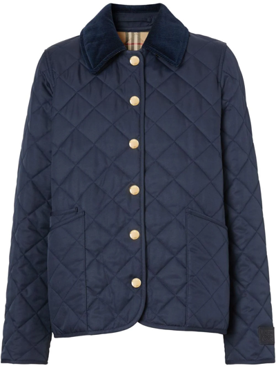 Shop Burberry Corduroy-collar Diamond-quilted Jacket In Blue