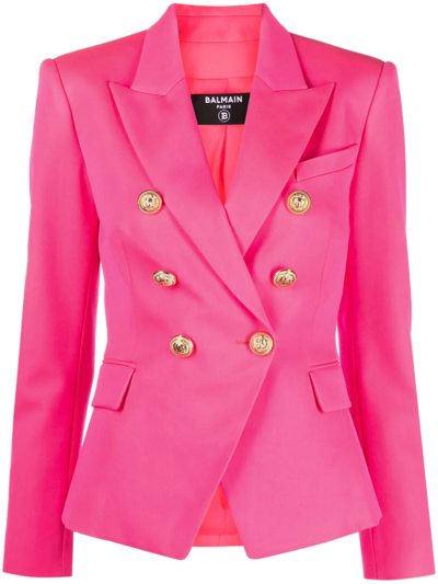 Shop Balmain Double-breasted Logo-embossed Blazer In Pink