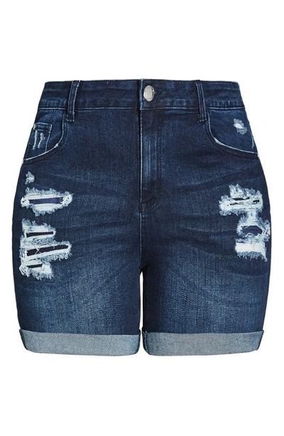 City Chic Trendy Plus Size Ripped Love High Rise Shorts In Dark Denim