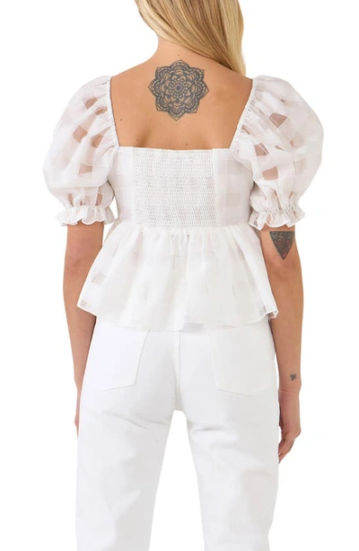 English Factory Check Puff Sleeve Organza Peplum Blouse In White