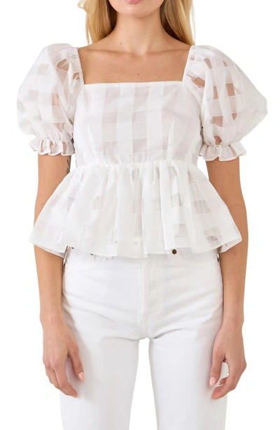 English Factory Check Puff Sleeve Organza Peplum Blouse In White