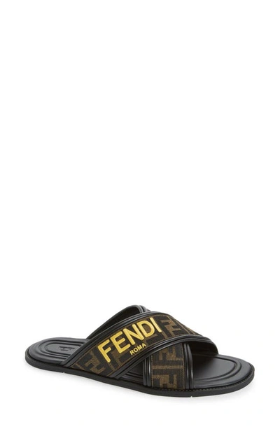 Shop Fendi Ff Logo Slide Sandal In Brown Yellow