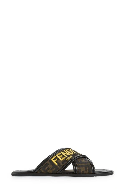 Shop Fendi Ff Logo Slide Sandal In Brown Yellow