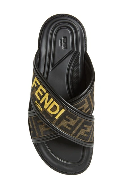 Shop Fendi Ff Logo Slide Sandal In Brown Yellow