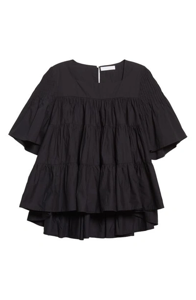 Shop Merlette Brandt Tiered Pintuck High-low Pima Cotton Blouse In Black