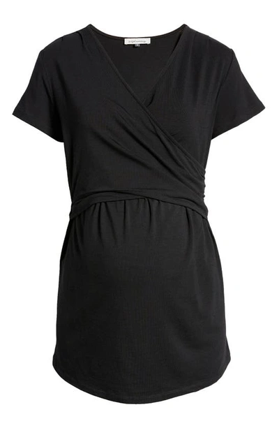 Shop Angel Maternity Crossover Short Sleeve Maternity/nursing Top In Black