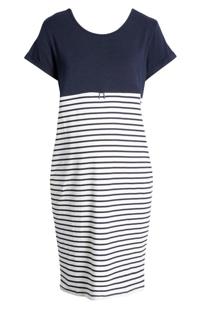 Angel Maternity Stripe Maternity/nursing Nightgown In Navy