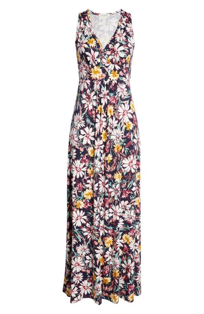 Loveappella Floral Print Empire Waist Jersey Maxi Dress In Navy Multi