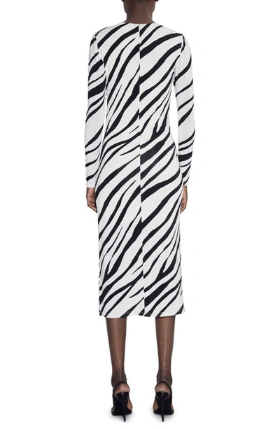 Shop Et Ochs Eleanor Gathered Cutout Long Sleeve Midi Cocktail Dress In Buttercream/ Black Luxe Zebra