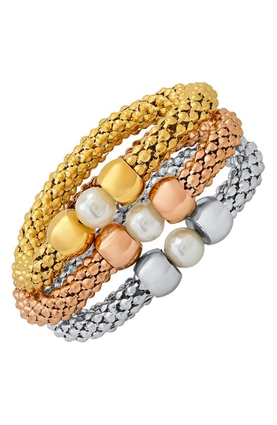 Hmy Jewelry Tri-tone Stainless Steel Stacking Bracelet Set In Tri Tone