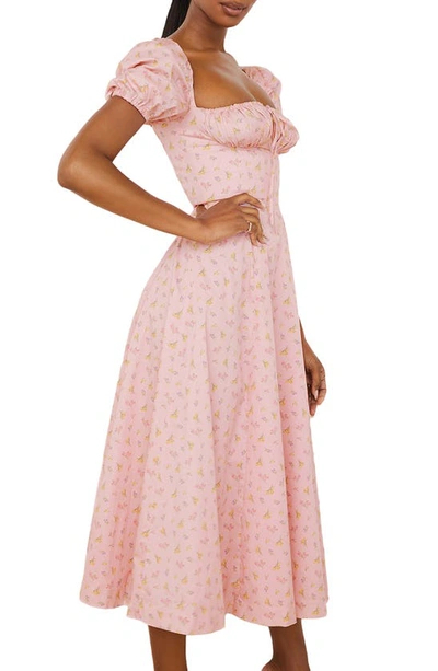 Shop House Of Cb Tallulah Puff Sleeve Midi Dress In Pink Floral