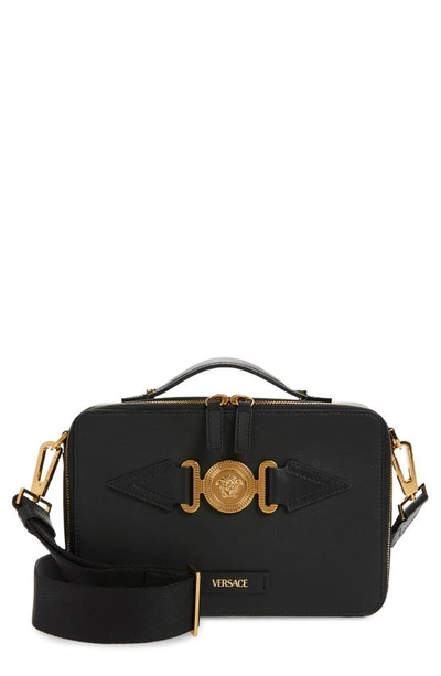 Shop Versace First Line Biggie Medusa Coin Large Leather Crossbody Bag In Black/ Versace Gold