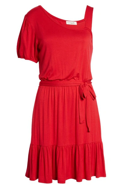 Shop Loveappella One-shoulder Ruffle Hem Knit Dress In Red